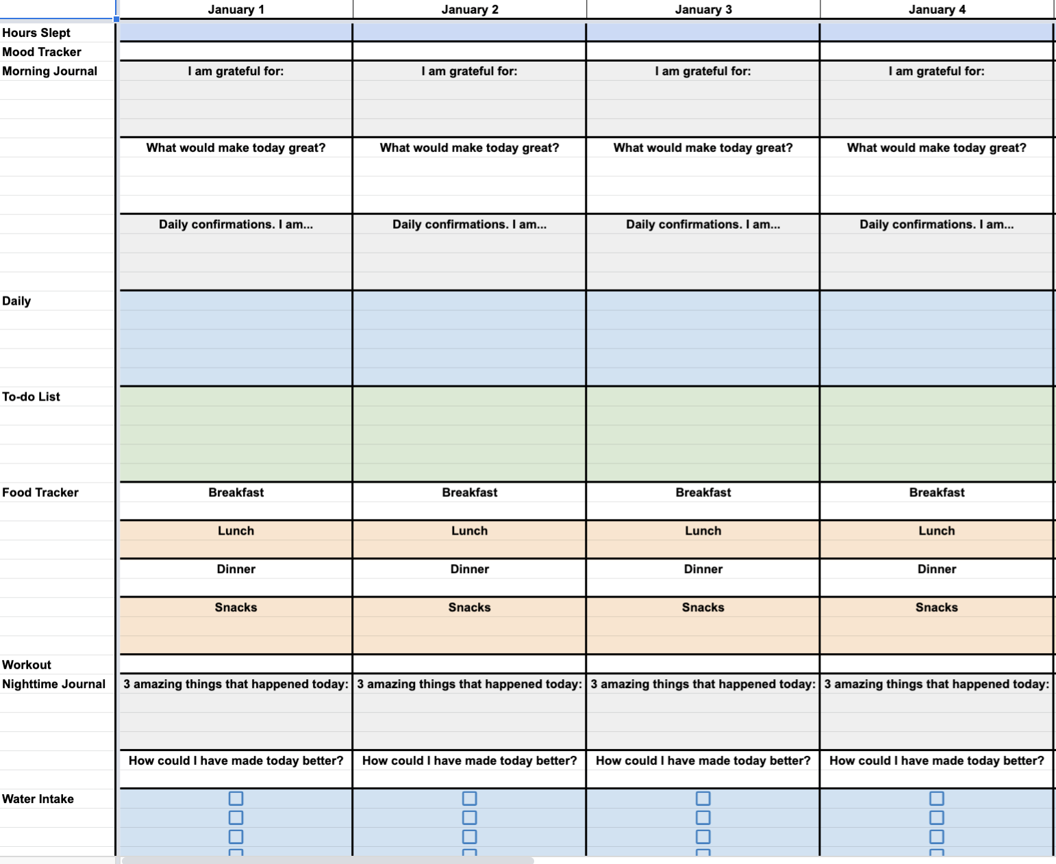 screenshot of a Microsoft Excel spreadsheet showing a list of daily life, schedule, journaling, food tracker, workout and water intake