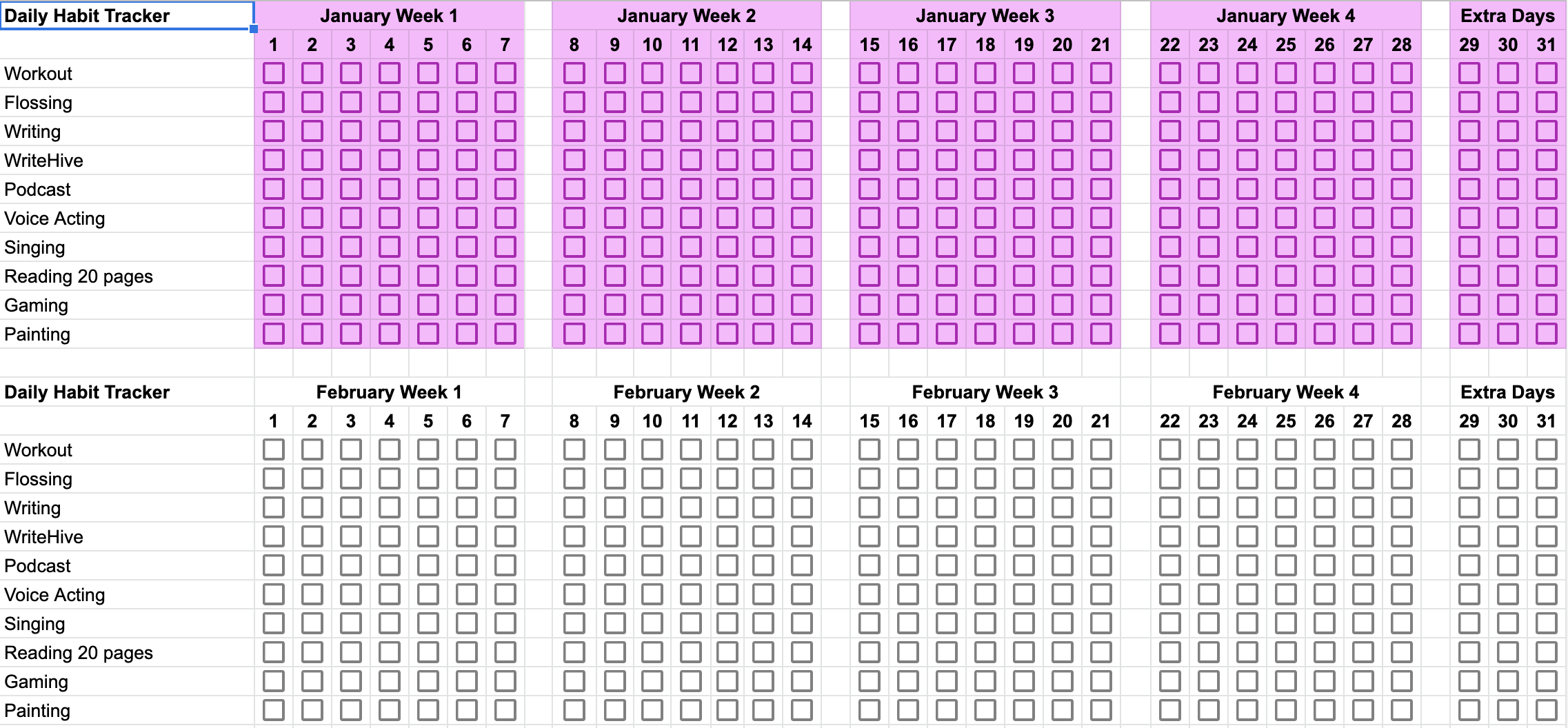 screenshot of a Microsoft Excel spreadsheet showing a habit tracker with daily checkboxes for various habits to develop