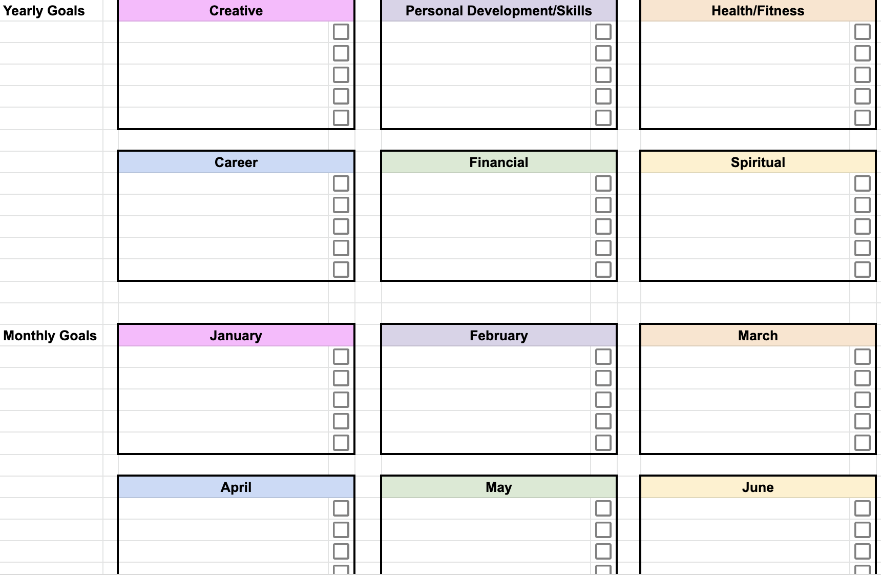 screenshot of a Microsoft Excel spreadsheet with boxes for yearly and monthly goals to check off