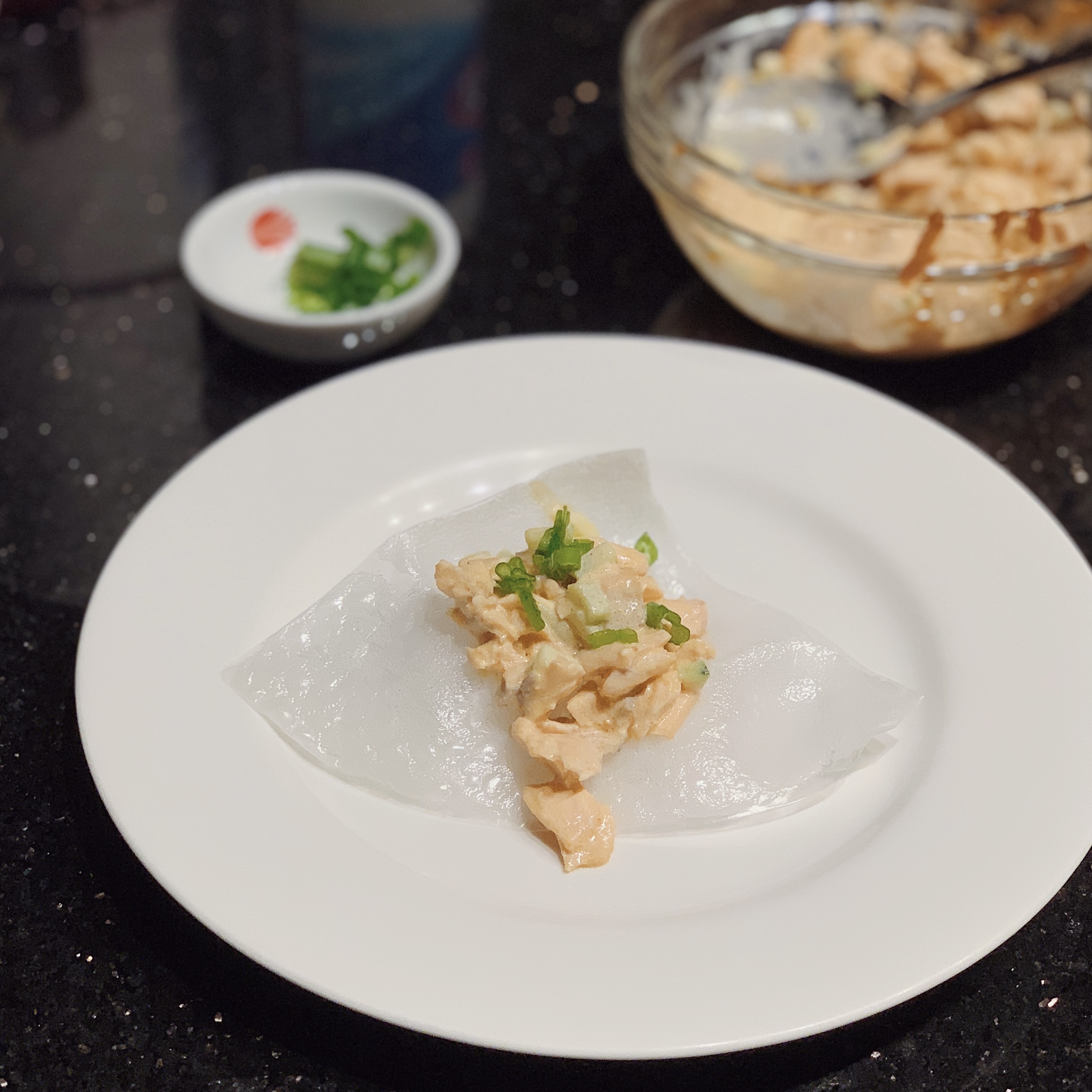 a plate with a piece of fried spring roll wrapper with marinated salmon