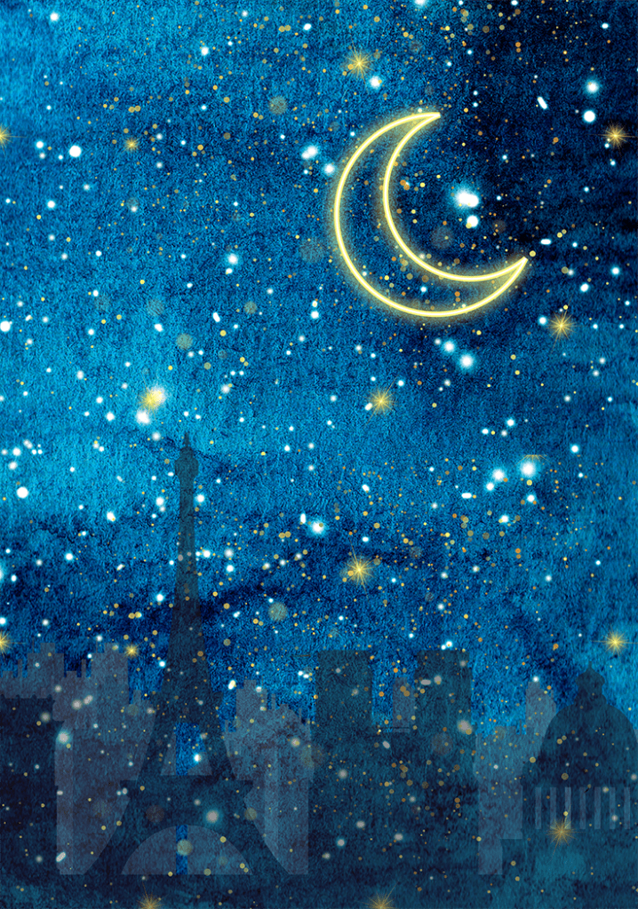 A journal cover graphic of a starry night in Paris, with an illuminated crescent moon outline and the Eiffel Tower, Notre Dame and building skyline