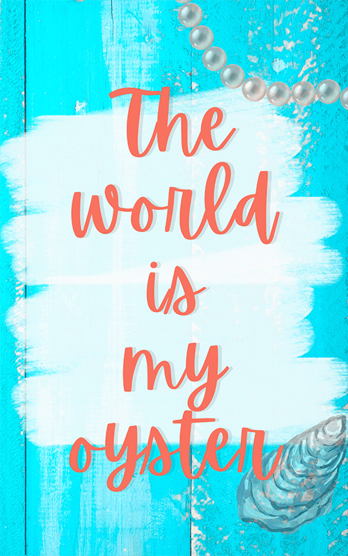 A journal cover image on sandy wood with pearls and oyster shell, with words, "The world is my oyster."
