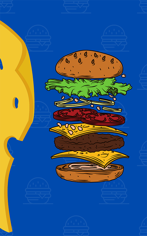 A journal cover image with a burger pattern with large cheese slice and floating stacked burger.